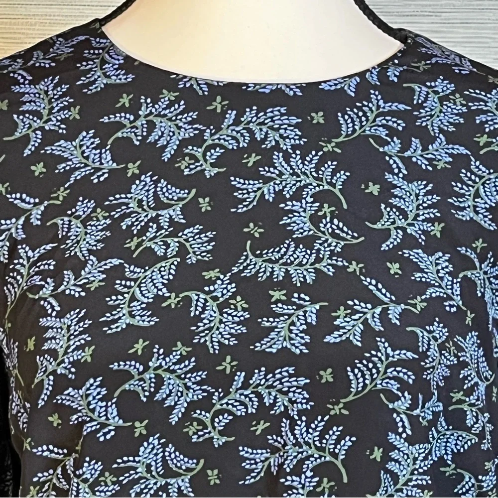 Veronica Beard Clarke Top Silk Floral Button Back Puff Sleeve Black/Blue Size 0 - Picture 3 of 9